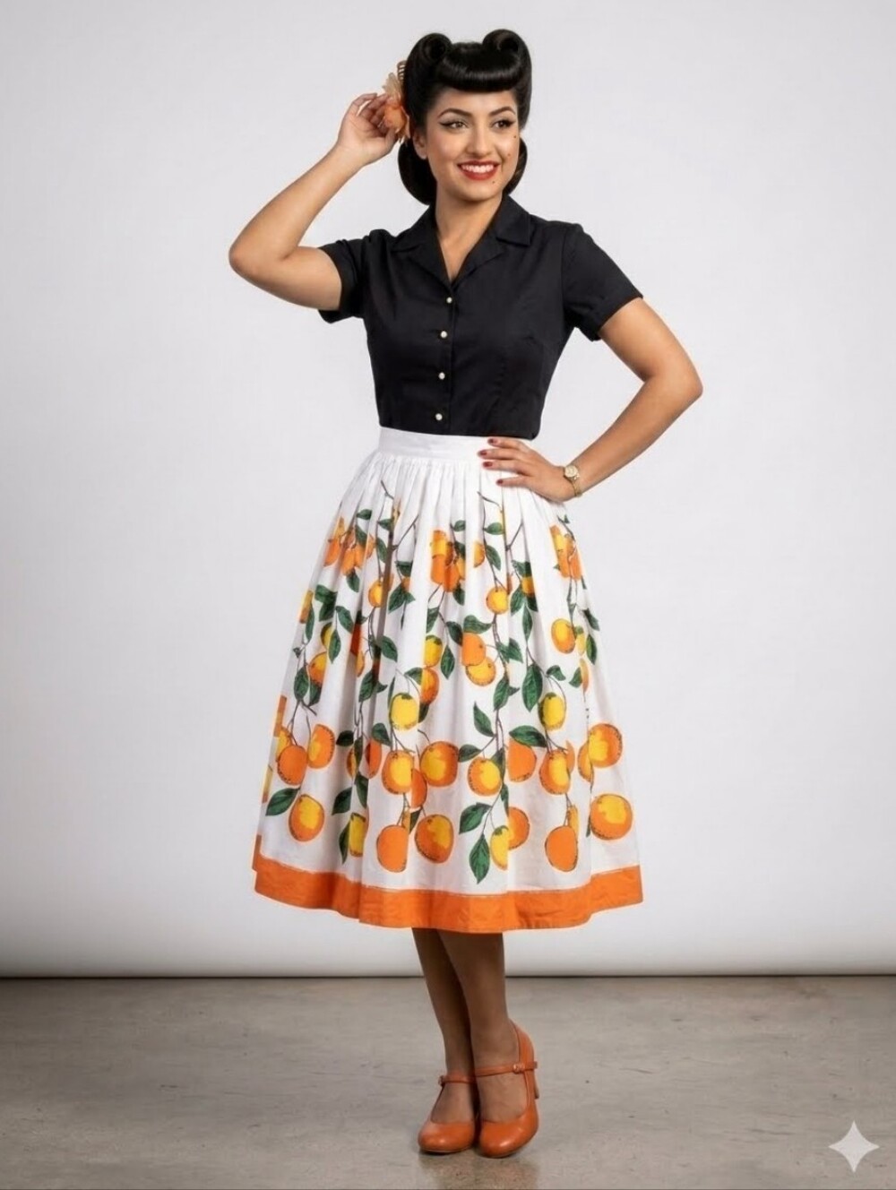 Pinup Couture Jenny Skirt in Orange Border Print, BNWT, Size L